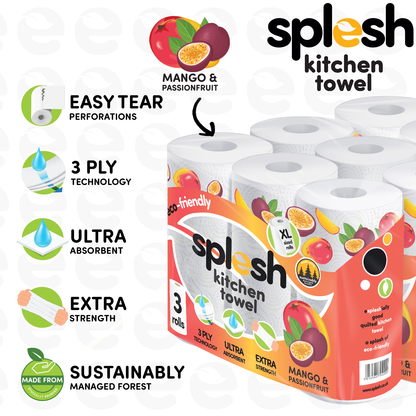 Splesh Culina Kitchen Towel - Mango & Passionfruit scented 3 Ply Ultra Absorbent Household XL Roll, 18 Rolls