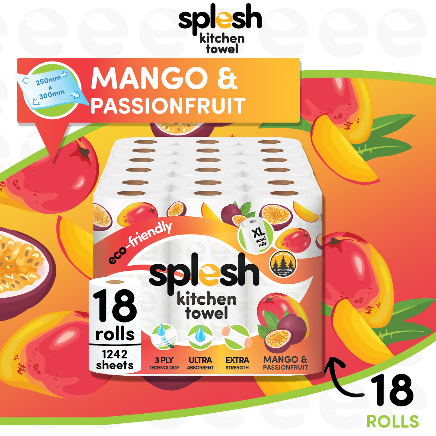 Splesh Culina Kitchen Towel - Mango & Passionfruit scented 3 Ply Ultra Absorbent Household XL Roll, 18 Rolls