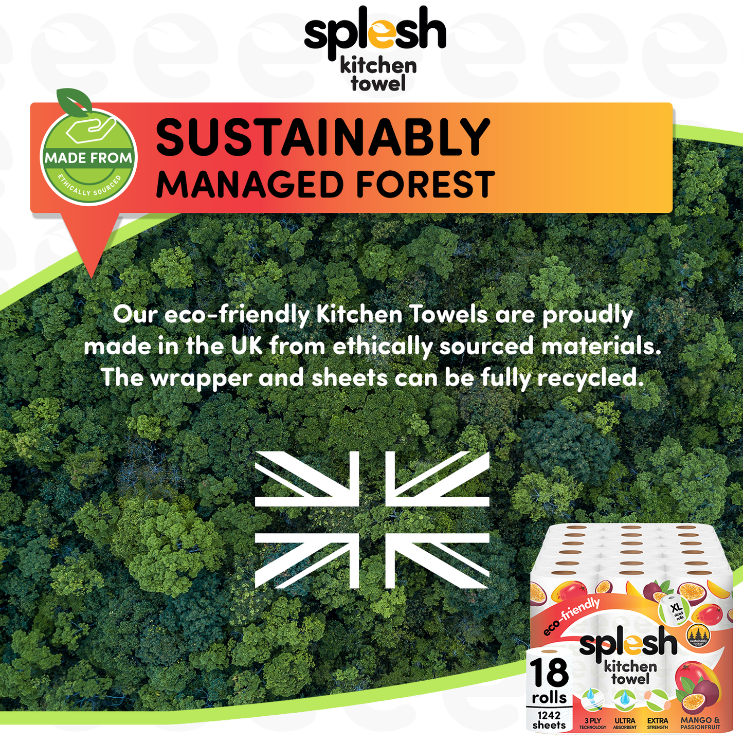 Splesh Culina Kitchen Towel - Mango & Passionfruit scented 3 Ply Ultra Absorbent Household XL Roll, 18 Rolls