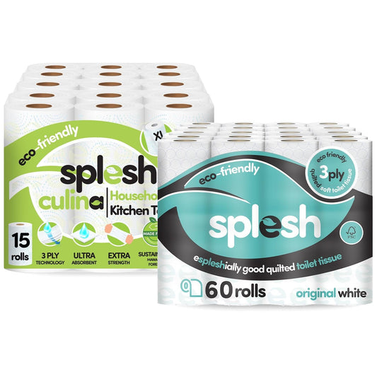 Splesh Toilet Roll Quilted White 60 Rolls with Culina Kitchen Towel 15 Rolls