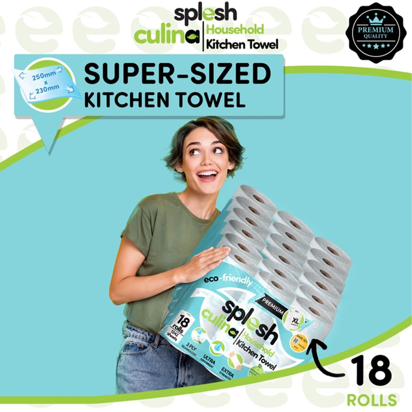 Splesh Culina Kitchen Towel 3 Ply Ultra Absorbent Household XL Roll, 18 Rolls