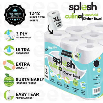 Splesh Culina Kitchen Towel 3 Ply Ultra Absorbent Household XL Roll, 18 Rolls