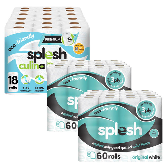 Splesh Toilet Roll Quilted White 120 Rolls with Culina Kitchen Towel 18 Rolls