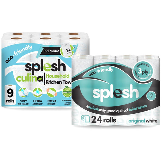 Splesh Toilet Roll Quilted White 24 Rolls with Culina Kitchen Towel 9 Rolls